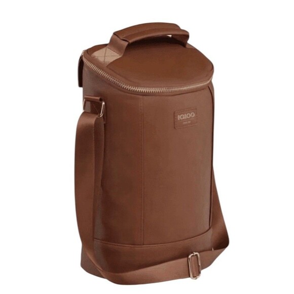 Igloo Luxe 2 Bottle Insulated Wine Tote Cooler Bag Cognac Faux Leather Look NEW - Picture 2 of 10